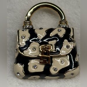 St. John Black and Cream Brooch with Gold Accents